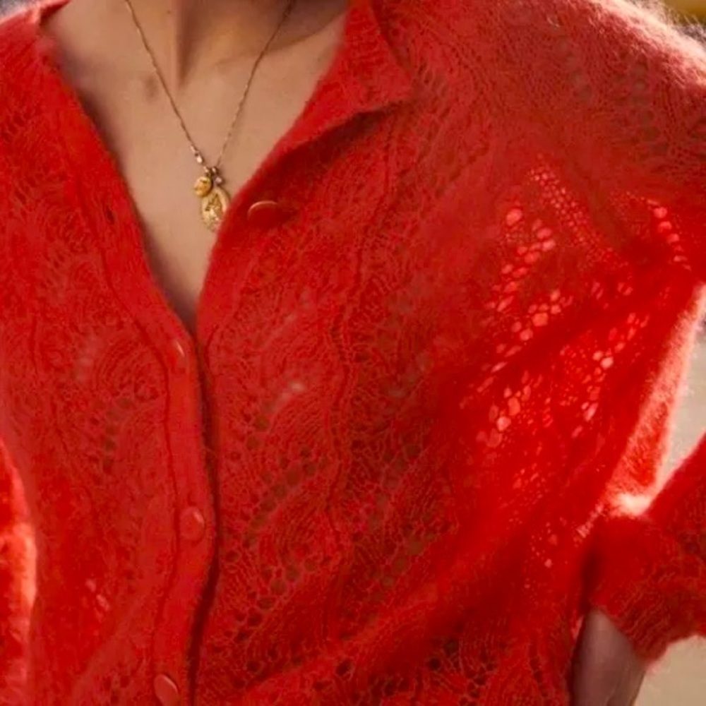 SEZANE red pointelle knit cardigan, size SM